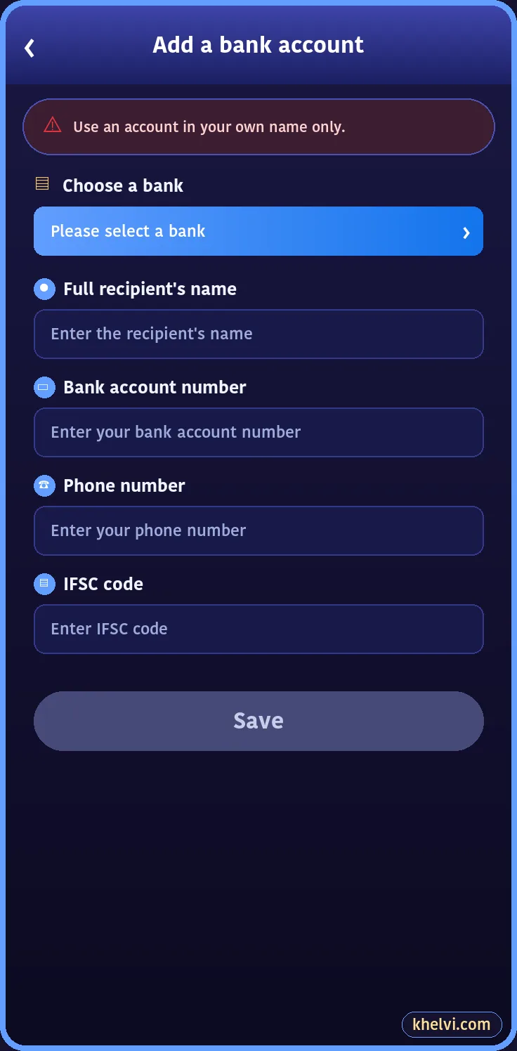 Khelv bank account setup