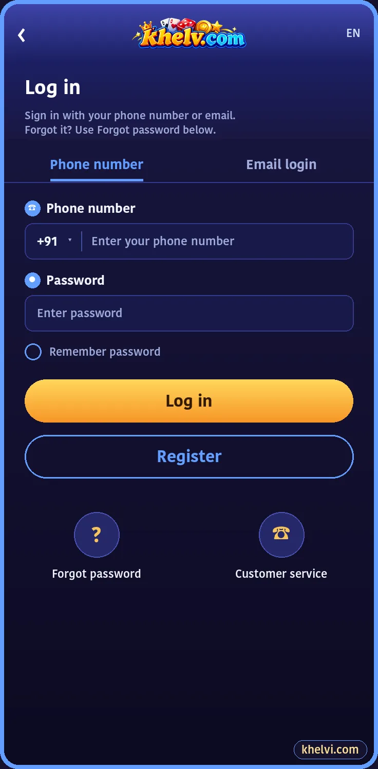 Khelv login screen